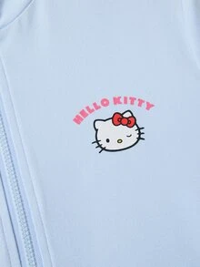 HELLO KITTY AND FRIENDS | SHEIN 3件組 青少年女孩休閒優雅可愛精緻舒適寬鬆針織卡通圖案淺藍色開襟外套、印花背心與藍色運動騎行短褲運動套裝，適合返校、外出、休閒運動，適用於秋冬 - 淺藍色 - 查看 6