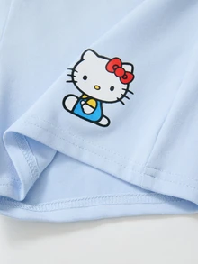 HELLO KITTY AND FRIENDS | SHEIN 3件組 青少年女孩休閒優雅可愛精緻舒適寬鬆針織卡通圖案淺藍色開襟外套、印花背心與藍色運動騎行短褲運動套裝，適合返校、外出、休閒運動，適用於秋冬 - 淺藍色 - 查看 7