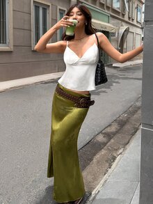 MainGRL 綠色緞面女款提花魚尾裙 - 綠色 - 查看 5