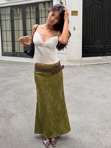 MainGRL 綠色緞面女款提花魚尾裙 - 綠色 - 查看 4