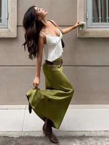 MainGRL 綠色緞面女款提花魚尾裙 - 綠色 - 查看 6