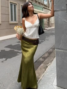 MainGRL 綠色緞面女款提花魚尾裙 - 綠色 - 查看 7