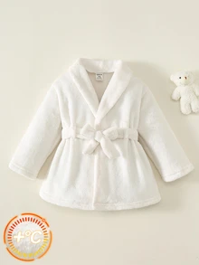 SHEIN 男女嬰兒/幼兒秋冬保暖內裡加厚舒適白色領睡袍浴袍，嬰兒睡衣/罩衫 - 白色 - 查看 8