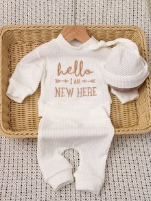 SHEIN HELLO字母刺繡新生兒攝影服裝 男嬰/女嬰上衣褲子帽子3件套 1個月至100天 白色/米白色 夏季 Boss Baby - 白色 - 查看 8