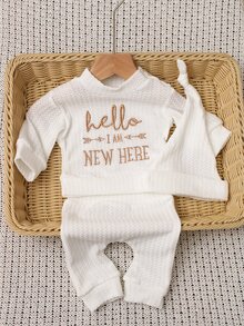 SHEIN HELLO字母刺繡新生兒攝影服裝 男嬰/女嬰上衣褲子帽子3件套 1個月至100天 白色/米白色 夏季 Boss Baby - 白色 - 查看 9