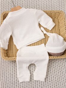 SHEIN HELLO字母刺繡新生兒攝影服裝 男嬰/女嬰上衣褲子帽子3件套 1個月至100天 白色/米白色 夏季 Boss Baby - 白色 - 查看 3