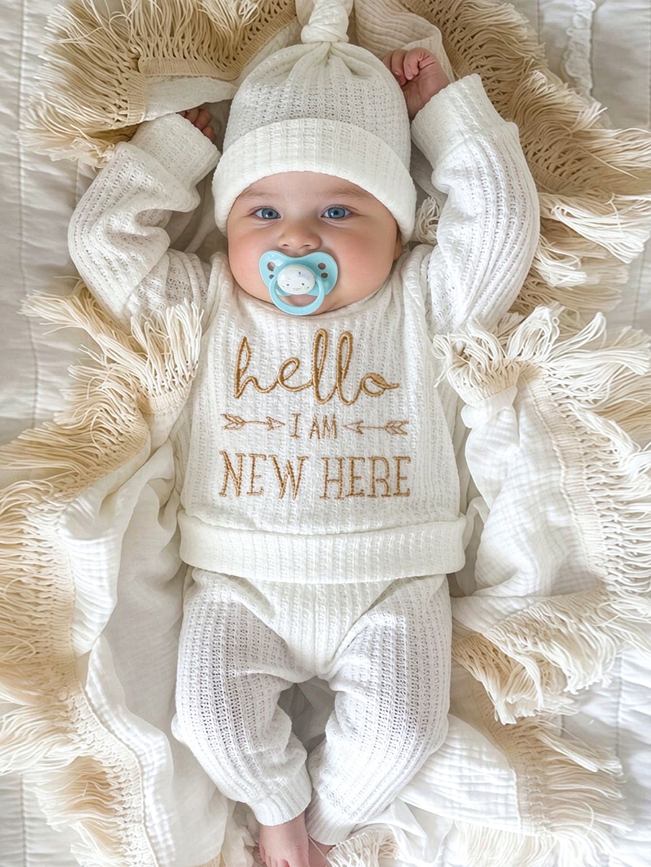 SHEIN HELLO字母刺繡新生兒攝影服裝 男嬰/女嬰上衣褲子帽子3件套 1個月至100天 白色/米白色 夏季 Boss Baby