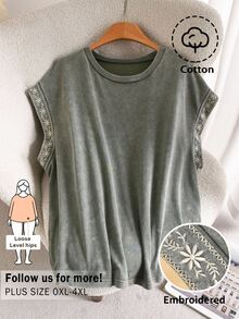 CosyJoli 大尺碼女款圓領花卉刺繡圖案休閒百搭日常穿著T恤 - 綠色 - 查看 2