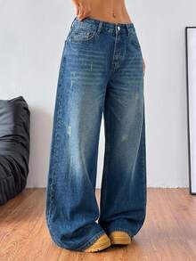 Coolane Women's High Waist Wide Leg Jeans, Casual Denim Pants - Medium Wash - View 1