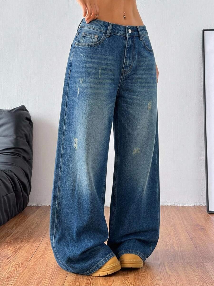 Coolane Women's High Waist Wide Leg Jeans, Casual Denim Pants - Medium Wash - View 1