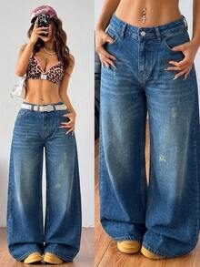 Coolane Women's High Waist Wide Leg Jeans, Casual Denim Pants - Medium Wash - View 7