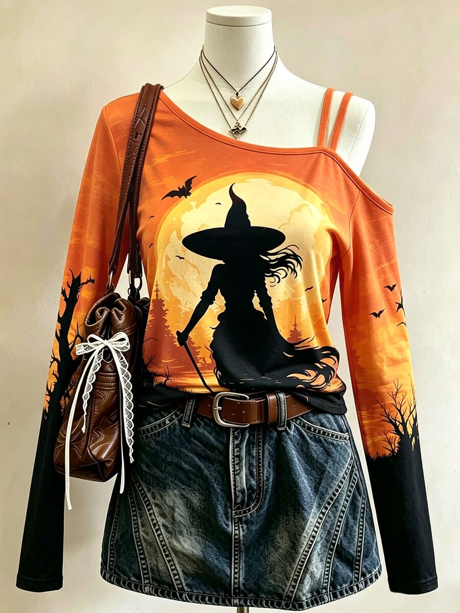 Lalippa Halloween Party Witch Full Print Asymmetric Neck Long Sleeve Top For Women - Multicolor - View 1