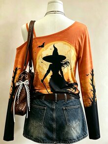 Lalippa Halloween Party Witch Full Print Asymmetric Neck Long Sleeve Top For Women - Multicolor - View 2
