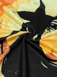 Lalippa Halloween Party Witch Full Print Asymmetric Neck Long Sleeve Top For Women - Multicolor - View 4