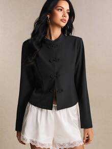 Poéselle Women's Mandarin Collar Black Blazer , Vintage Chinese Frog Button Suit , Chic Slim Fit Outerwear Formal Wear Work - Black - View 3