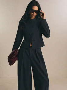 Poéselle Women's Mandarin Collar Black Blazer , Vintage Chinese Frog Button Suit , Chic Slim Fit Outerwear Formal Wear Work - Black - View 8