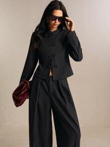 Poéselle Women's Mandarin Collar Black Blazer , Vintage Chinese Frog Button Suit , Chic Slim Fit Outerwear Formal Wear Work - Black - View 5