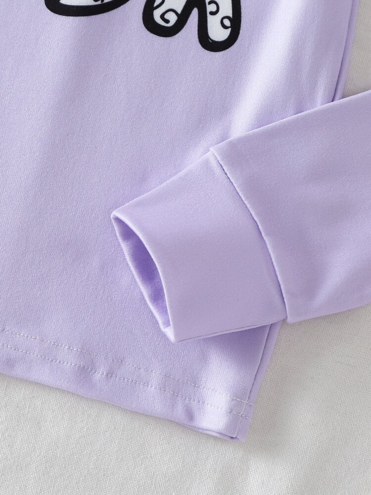 SHEIN Girls' Autumn New Purple Cute Letter & Donut Print Long Sleeve Long Pants Pajamas, Snug Fit Loungewear Warmth - Mauve Purple - View 8