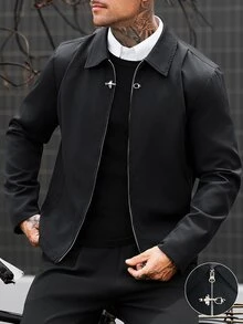 Manfinity CasualCool 男士黑色翻領功能扣夾克，美式寬鬆落肩設計休閒外套 - 黑色 - 查看 5