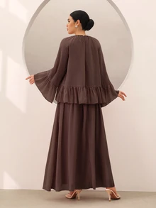 Graceveil Women's Chiffon Ruffle Flare Sleeve And Long Skirt Set Dinner Party Coffee Brown Autumn Modest Elegant, Round Neck Fall - Brown - View 2