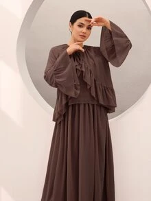 Graceveil Women's Chiffon Ruffle Flare Sleeve And Long Skirt Set Dinner Party Coffee Brown Autumn Modest Elegant, Round Neck Fall - Brown - View 7