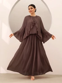Graceveil Women's Chiffon Ruffle Flare Sleeve And Long Skirt Set Dinner Party Coffee Brown Autumn Modest Elegant, Round Neck Fall - Brown - View 4