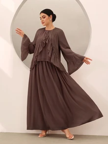 Graceveil Women's Chiffon Ruffle Flare Sleeve And Long Skirt Set Dinner Party Coffee Brown Autumn Modest Elegant, Round Neck Fall - Brown - View 5