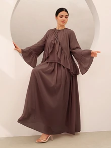 Graceveil Women's Chiffon Ruffle Flare Sleeve And Long Skirt Set Dinner Party Coffee Brown Autumn Modest Elegant, Round Neck Fall - Brown - View 6