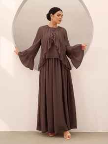Graceveil Women's Chiffon Ruffle Flare Sleeve And Long Skirt Set Dinner Party Coffee Brown Autumn Modest Elegant, Round Neck Fall - Brown - View 1