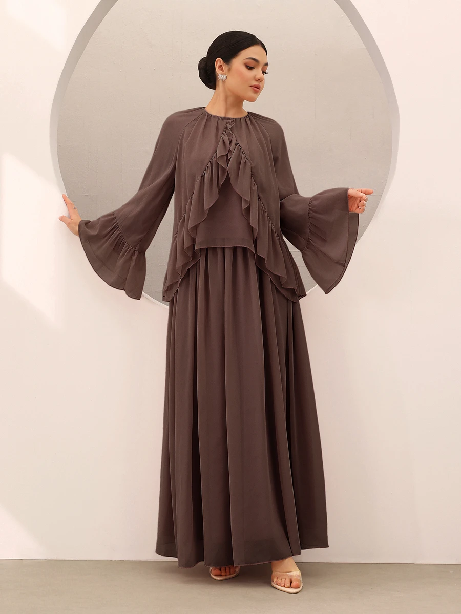 Graceveil Women's Chiffon Ruffle Flare Sleeve And Long Skirt Set Dinner Party Coffee Brown Autumn Modest Elegant, Round Neck Fall - Brown - View 1