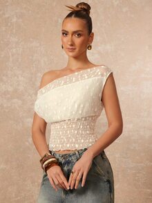 Lumalex White Polka Dot Swiss Dot Mesh Asymmetrical Neck Top With Draped Overlay Smocked Waist Sheer Texture Ruffle Hem And Off Shoulder Cropped Summer - White - View 5