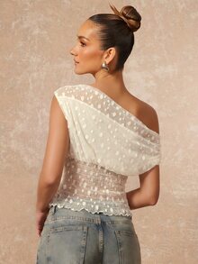 Lumalex White Polka Dot Swiss Dot Mesh Asymmetrical Neck Top With Draped Overlay Smocked Waist Sheer Texture Ruffle Hem And Off Shoulder Cropped Summer - White - View 7