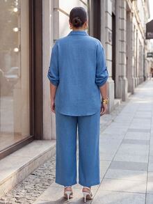 Chikora Plus Size Women Solid Color Rolled Sleeve Shirt And Pants Casual Set - Blue - View 2