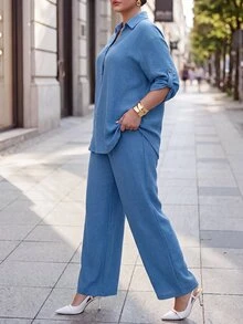 Chikora Plus Size Women Solid Color Rolled Sleeve Shirt And Pants Casual Set - Blue - View 4