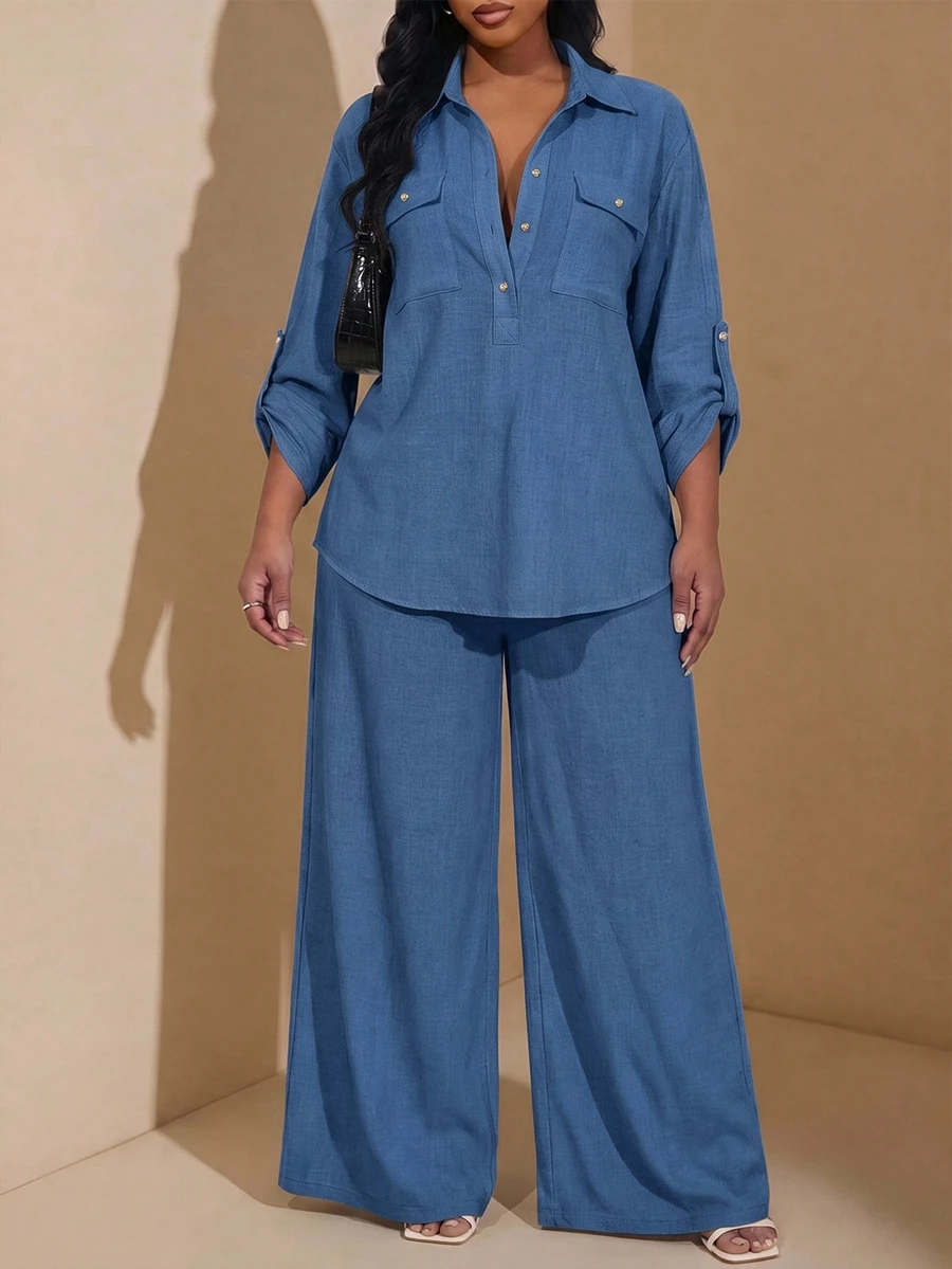 Chikora Plus Size Women Solid Color Rolled Sleeve Shirt And Pants Casual Set - Blue - View 1