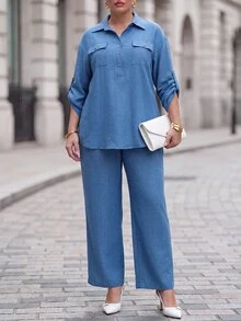 Chikora Plus Size Women Solid Color Rolled Sleeve Shirt And Pants Casual Set - Blue - View 3
