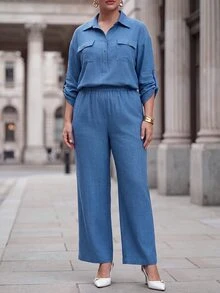 Chikora Plus Size Women Solid Color Rolled Sleeve Shirt And Pants Casual Set - Blue - View 5