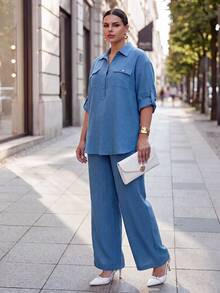 Chikora Plus Size Women Solid Color Rolled Sleeve Shirt And Pants Casual Set - Blue - View 6