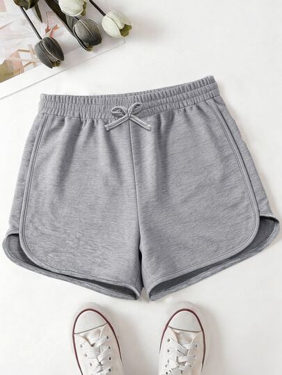SHEIN Sparklyn Tween Mädchen Kordelzug Taille Lässig Vielseitig Alltag Shorts, 34% Baumwolle, Hohe Taille Gerippte Schleife Dekor Strick Grau Shorts, Süß, 1 Zufälliges Stück, Herbst Outfit