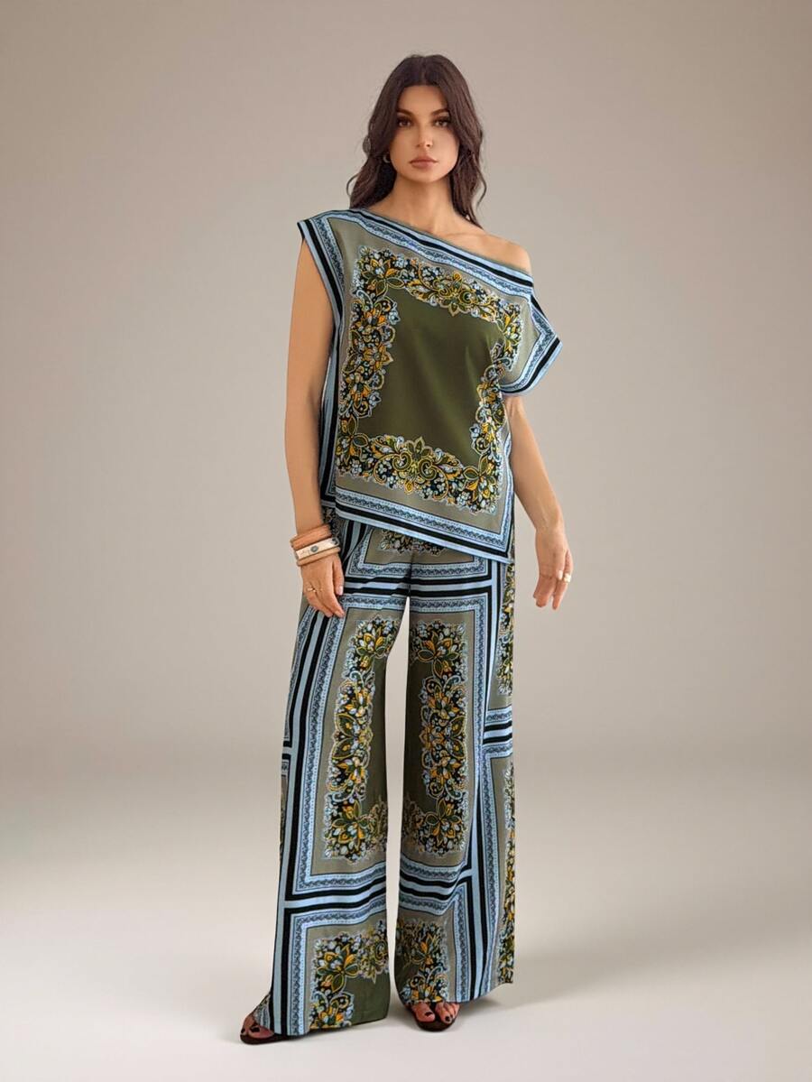 SHEIN Tall ملابس علوية بطبعة وشاح وياقة غير متماثلة & بنطلون واسع الساق - أخضر - مشاهدة 1