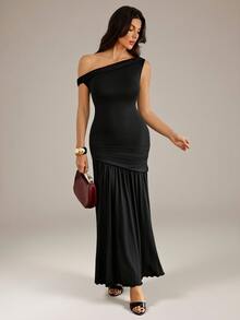 SHEIN Tall Asymmetrical Neck Ruched Mermaid Hem Longline Dress - Black - View 3