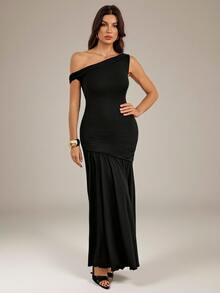 SHEIN Tall Asymmetrical Neck Ruched Mermaid Hem Longline Dress - Black - View 2