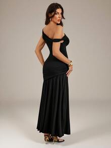 SHEIN Tall Asymmetrical Neck Ruched Mermaid Hem Longline Dress - Black - View 6