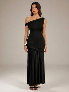 SHEIN Tall Asymmetrical Neck Ruched Mermaid Hem Longline Dress - Black - View 5