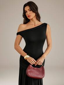 SHEIN Tall Asymmetrical Neck Ruched Mermaid Hem Longline Dress - Black - View 4