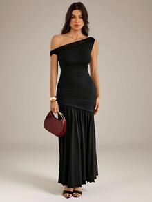 SHEIN Tall Asymmetrical Neck Ruched Mermaid Hem Longline Dress - Black - View 1