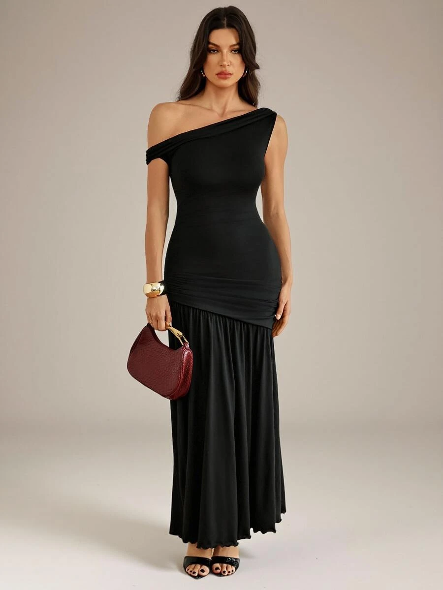 SHEIN Tall Asymmetrical Neck Ruched Mermaid Hem Longline Dress - Black - View 1