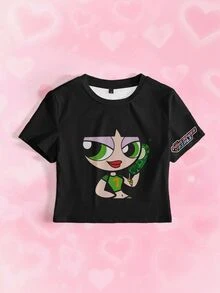 THE POWERPUFF GIRLS X SHEIN Women's Cartoon Print Round Neck Short Sleeve Casual Y2k Streetwear Slim Fit T-Shirt Everyday Night Out Black Summer - White - View 3