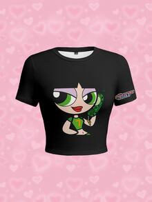 THE POWERPUFF GIRLS X SHEIN Women's Cartoon Print Round Neck Short Sleeve Casual Y2k Streetwear Slim Fit T-Shirt Everyday Night Out Black Summer - White - View 1