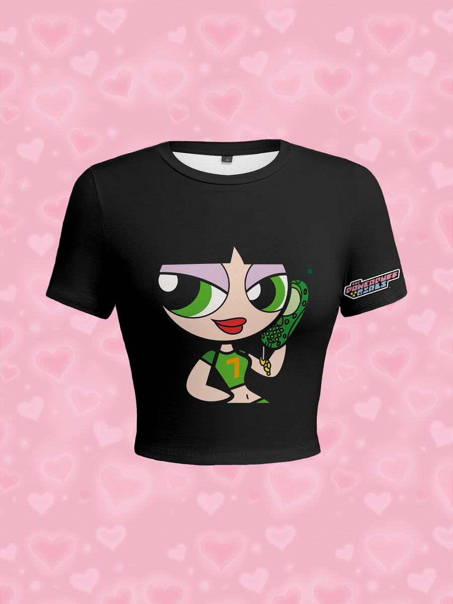 THE POWERPUFF GIRLS X SHEIN Women's Cartoon Print Round Neck Short Sleeve Casual Y2k Streetwear Slim Fit T-Shirt Everyday Night Out Black Summer - White - View 1